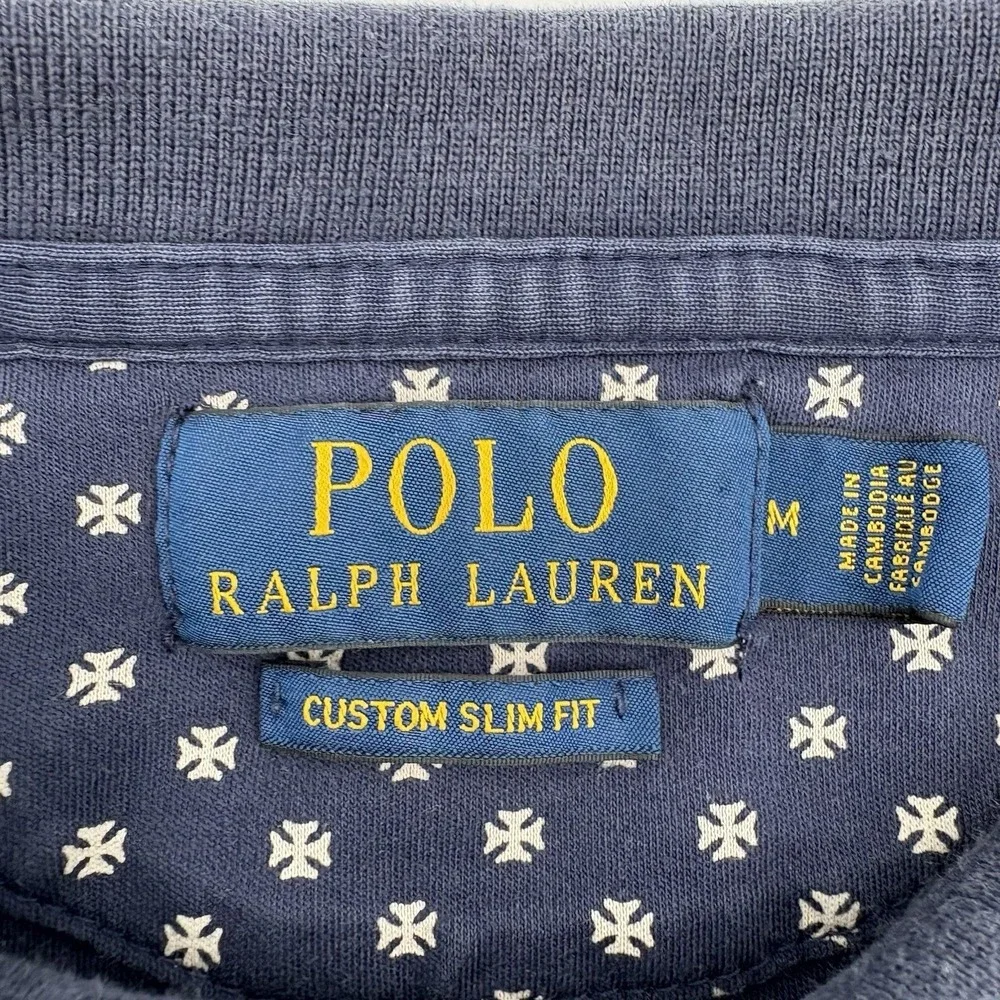 Polo Ralph Lauren Men's Custom Slim Fit Navy Polo Shirt White Cross Print Size M